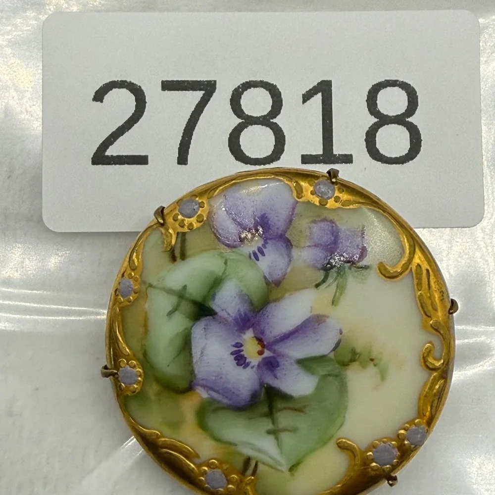 Vintage Victorian Hand Painted Porcelain Brooch Gold Purple Violets